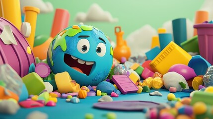 Obraz premium Happy Earth Drowning in Plastic Waste A 3D Rendered Illustration Depicting Environmental Pollution