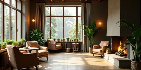 Fototapeta premium Serene living room with large windows, hardwood floors, comfortable armchairs, and a fireplace burning softly, bathed in natural sunlight