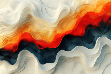 Abstract flowing wave patterns with warm red and orange tones blending with soft beige and gray hues, artistic texture.