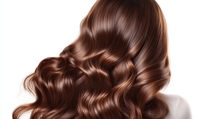 Fototapeta premium Beautiful model girl with Brown hair strand,silky healthy chestnut wavy hair strand,hair wavy ribbon, with smooth,Keratin straightening,Treatment,straight long hair,procedures,Smooth hairstyle.
