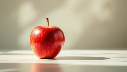 Close-up of a vibrant red apple on a light beige surface.