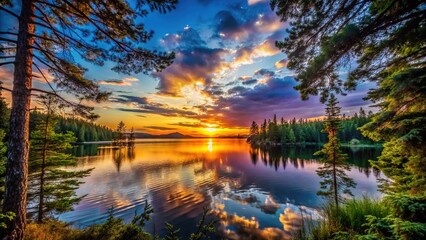Obraz premium Stunning Wilderness Lake Sunset, Silhouetted Trees, Colorful Nature Photography