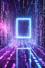 An empty holographic frame projected midair, surrounded by floating binary code and faint neon beams of light 