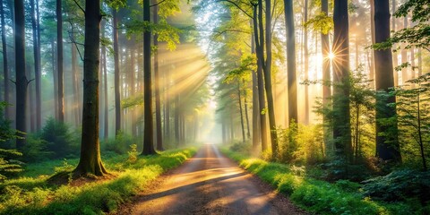 Obraz premium Sunlight streams, mist-shrouded forest path. Minimalist morning.