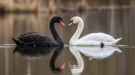 Elegant Encounter Between a Black Swan and a White Swan on a Serene Lake, Capturing Nature's Contrasts and the Beauty of Wildlife