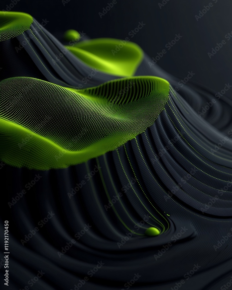 Poster moody black space with oscillating green formations constructing hilly terrain in 3d