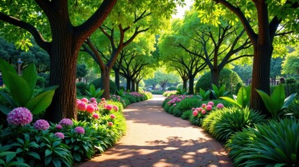 Fototapeta premium Serene Pathway Through a Lush Garden of Vibrant Blooms and Towering Trees