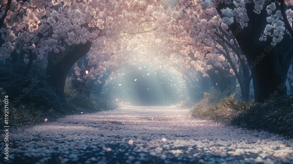 Poster enchanting cherry blossom pathway surrounded by blossoming trees and petals with soft light filterin