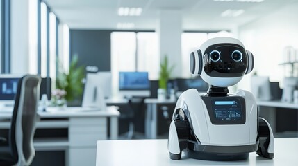 A futuristic robot assistant in a high-tech office setting, clean and professional environment with a focus on office automation, Professional style
