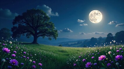 Obraz premium Serene Nighttime Meadow Landscape Under Full Moon's Glow, Featuring a Majestic Oak Tree and Vibrant Wildflowers