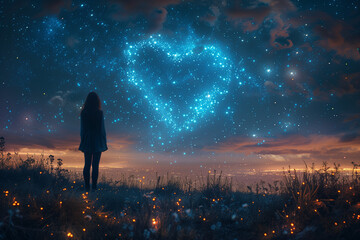 Enchanting silhouette of a person standing beneath a glowing night sky filled with heart-shaped constellations, surreal art.