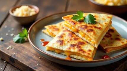 Deliciously Golden-Brown Quesadillas with Melted Cheese and Spicy Sauce on a Rustic Wooden Table