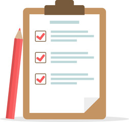 Clipboard, clipboard icon with completed tasks and a big red pencil. Vector, designer illustration. Vector.