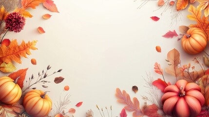 Obraz premium Autumnal Harvest Abundance: Vibrant Pumpkins and Fall Leaves Thanksgiving Background