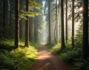 Obraz premium Sunlit Forest Path: Magical Misty Morning Trail Through Lush Green Ferns and Tall Trees