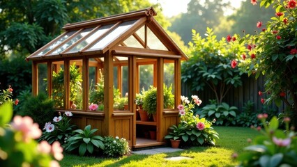 Obraz premium A charming wooden greenhouse nestled in a vibrant garden, bathed in the warm glow of morning sunlight, showcasing a delightful array of potted plants and blooming flowers.