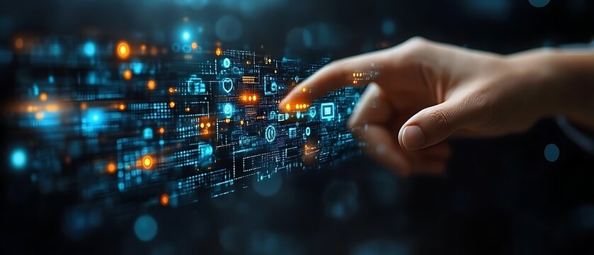 Hand interacting with digital interface showing icons. - Powered by Adobe