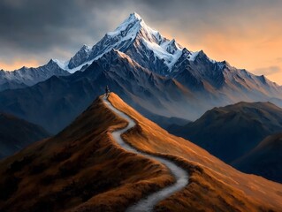 Adventurous hiker climbs winding mountain path with majestic snow capped peaks in the distance panoramic vista saturated colors impressionist style