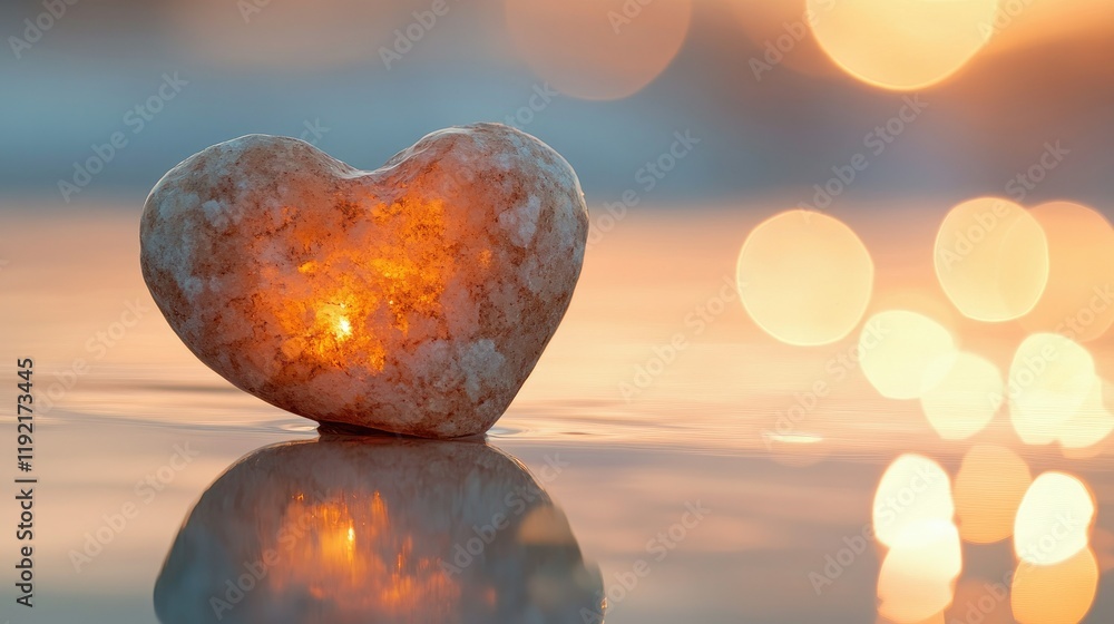Poster heart-shaped stone with warm glow on tranquil surface reflecting soft light and bokeh background in 