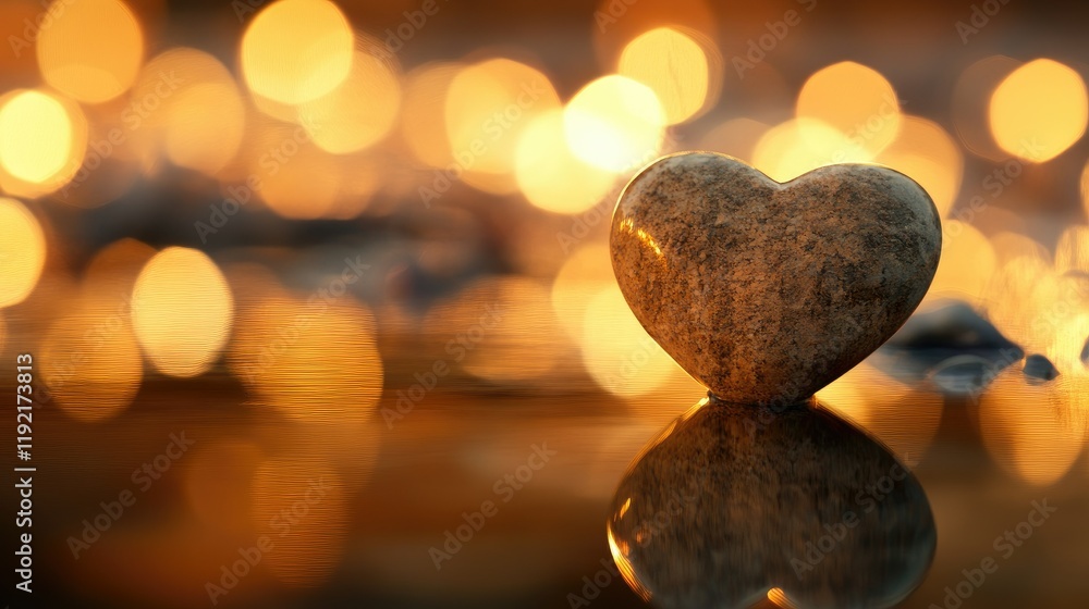Aufkleber heart-shaped stone on reflective surface surrounded by glowing bokeh lights capturing a moment of se