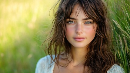 Naklejka premium Stunning young woman in a field, summer portrait. Natural beauty, green eyes, brown hair, and a captivating smile.