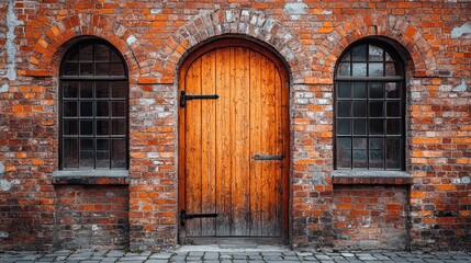 Obraz premium A brick building with a wooden door and two arched windows, creating a rustic and architectural vibe, perfect for home, construction, or historical building-related design concepts. 