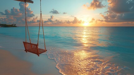 Sunset over a beach with a wooden swing.