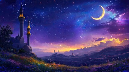 Naklejka premium Night scene, crescent moon, mosque, hills, starlit sky, religious festival