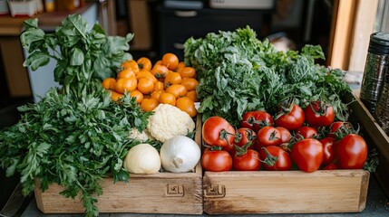 A bright, clean kitchen with fresh vegetables and herbs on a cutting board, representing healthy cooking, sustainable food choices, and the growing interest in plant-based diets and clean eating.