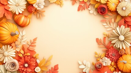 Autumnal Papercraft Delight: Festive Pumpkins and Flowers Border Design