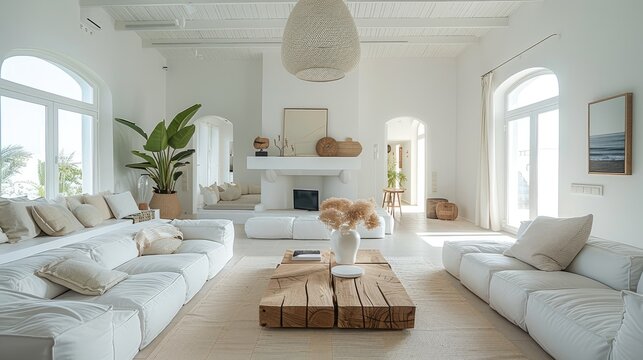 A living room with a dominant white color theme, featuring elegant, minimalist furniture design, natural wood accents, and a serene, bright atmosphere.