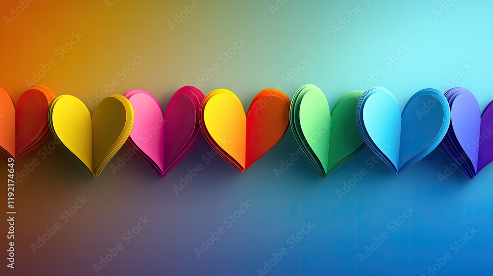 Poster vibrant colorful paper hearts displayed in a row against a soft gradient background representing lov
