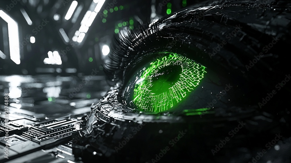 Poster Cybernetic eye with green digital code in dark tech setting.