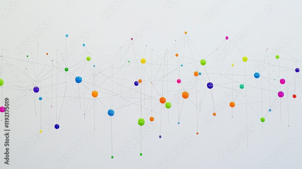 Poster colorful abstract visualization of interconnected dots and lines on a light background depicting net