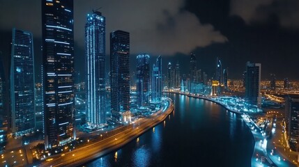 Dubai Business Bay illuminated at night