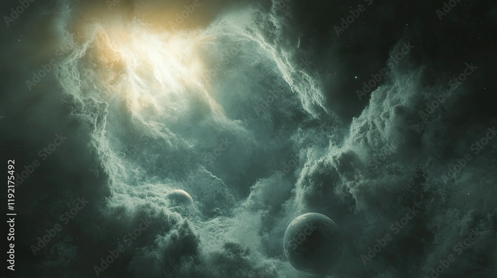 Poster dramatic outer space scene with ethereal clouds and celestial bodies illuminated by distant light in