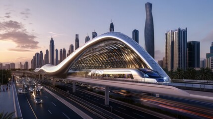 Fototapeta premium Dubai cityscape with modern metro railway skyscrapers Museum of the Future and sunset traffic in UAE