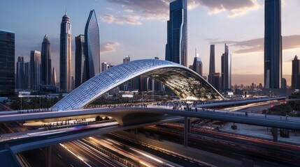Obraz premium Dubai cityscape with modern metro railway skyscrapers Museum of the Future and sunset traffic in UAE