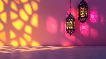 Ramadan lanterns illuminate room, soft light, festive background, ideal for greeting cards