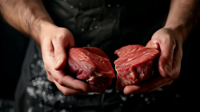 Closeup of hands holding three pieces of raw beef steaks against a dark background