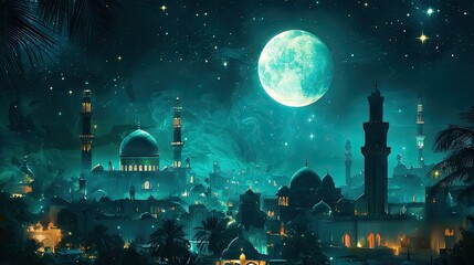 Night scene, Arabian city, full moon, stars, travel poster