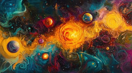 Vibrant Cosmic Landscape with Planets and Stars, Abstract Galactic Art Featuring Swirling Colors and Celestial Elements, Capturing the Essence of the Universe