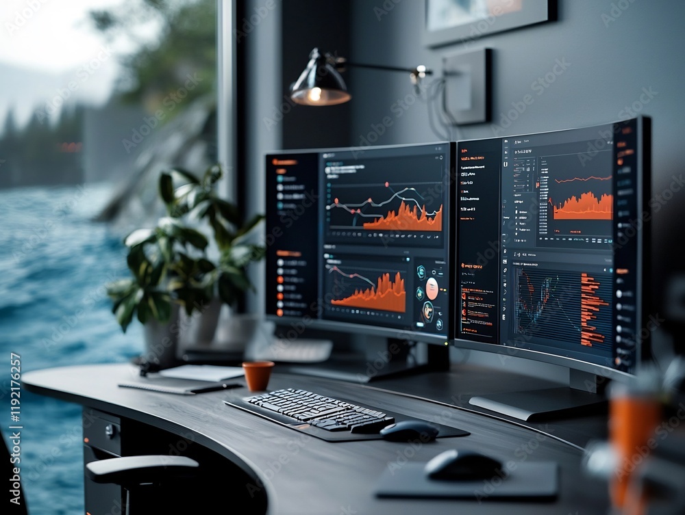 Poster offshore digital transformation data scientists monitoring ocean sensor feeds from sleek workstation