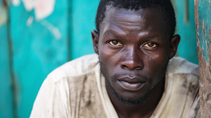 Portrait of African man with intense gaze against turquoise