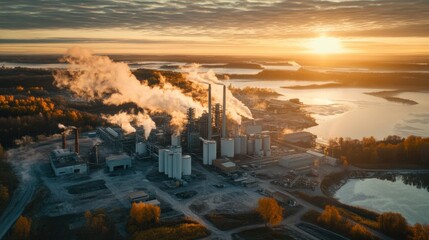 Aerial sunset view of industrial complex emitting smoke, near water.