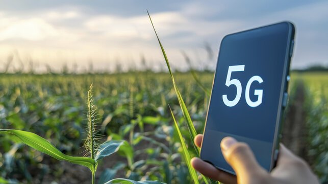 image showcases smartphone displaying 5G in lush green field, symbolizing integration of advanced technology in agriculture - Powered by Adobe