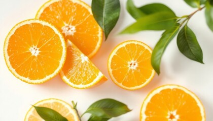 Fresh Orange Slices with Leaves on a White Background
