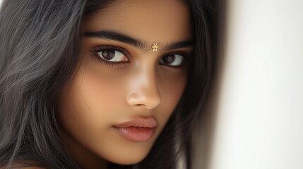 Naklejka premium Beauty portrait close-up of a mysterious, elegant and beautiful Indian woman