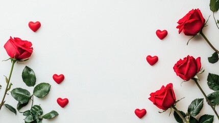 Romantic red roses and hearts frame, white background, Valentine's Day card