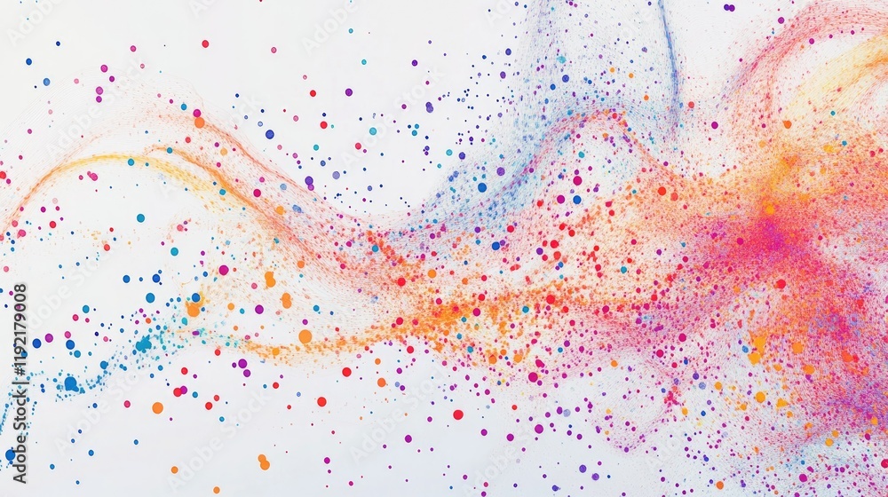 Poster vibrant abstract splash of color with swirling patterns and vivid dots against a white background fo